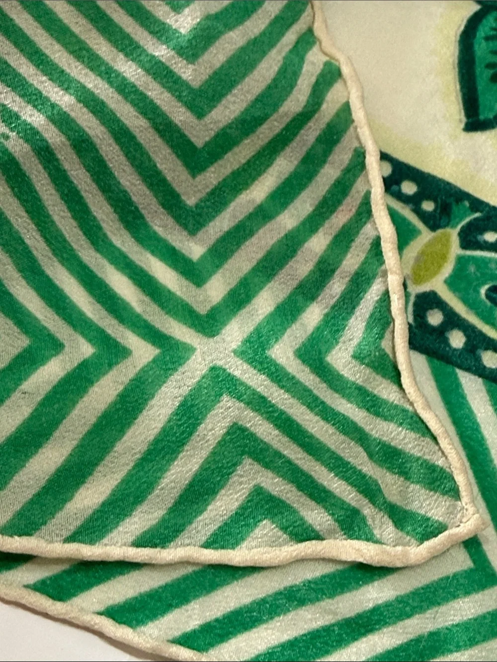 Vintage 1960’s Floral Peacock 🦚 Bird Silk Scarf 🧣 in Green & Cream white unique